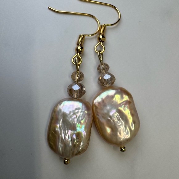 Gold Pearl & Crystal Earrings - Natural Freshwater Pearl - Picture 1 of 5